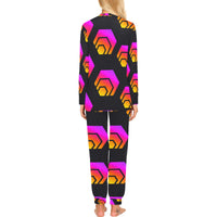 Hex Black Tapered Women's All Over Print Pajama Set with Trouser Opening