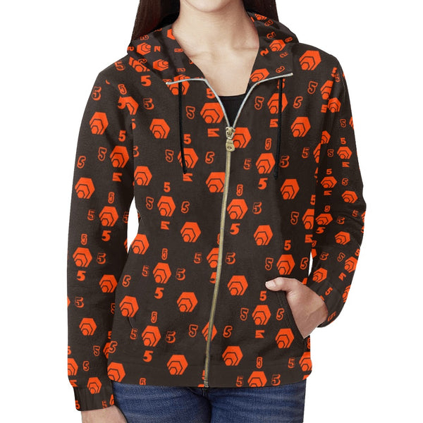 5555 Orange Women's All Over Print Full Zip Hoodie