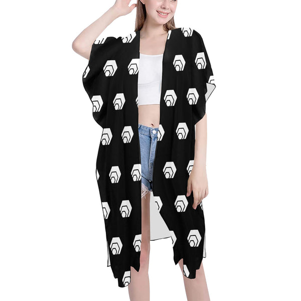 Hex White Black Mid-Length Side Slits Chiffon Cover Up
