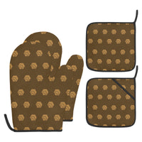 Hex Brown & Tan Heat Resistant Oven Mitt With Pot Holder (Four Pieces Set)