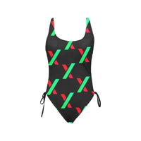 PulseX Black Drawstring Side One-Piece Swimsuit