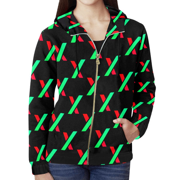 PulseX Black Women's All Over Print Full Zip Hoodie