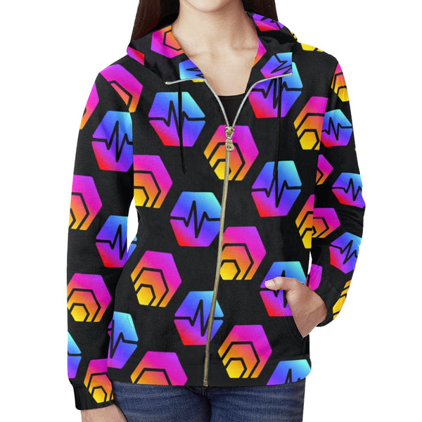 Hex Pulse Combo Black Women's All Over Print Full Zip Hoodie