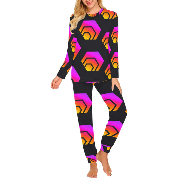 Hex Black Tapered Women's All Over Print Pajama Set with Trouser Opening