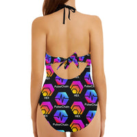 Hex Pulse TEXT Black Backless Bow Hollow Out Swimsuit