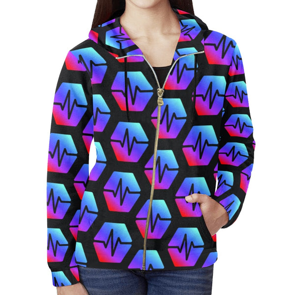 Pulse Black Women's All Over Print Full Zip Hoodie