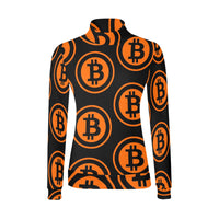 Bitcoin Black & Orange Women's All Over Print Mock Neck Sweater
