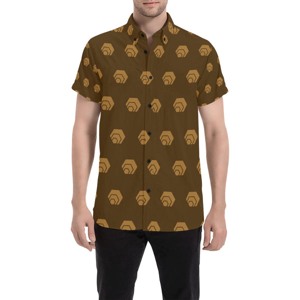 Hex Brown & Tan Men's All Over Print Button Down Short Sleeve Shirt