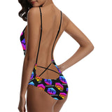 Hex Pulse TEXT Black Special Edition Women's Lacing Backless One-Piece Swimsuit - Crypto Wearz
