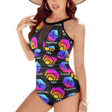 Hex Pulse TEXT Black Women's High Neck Plunge Mesh Ruched Swimsuit